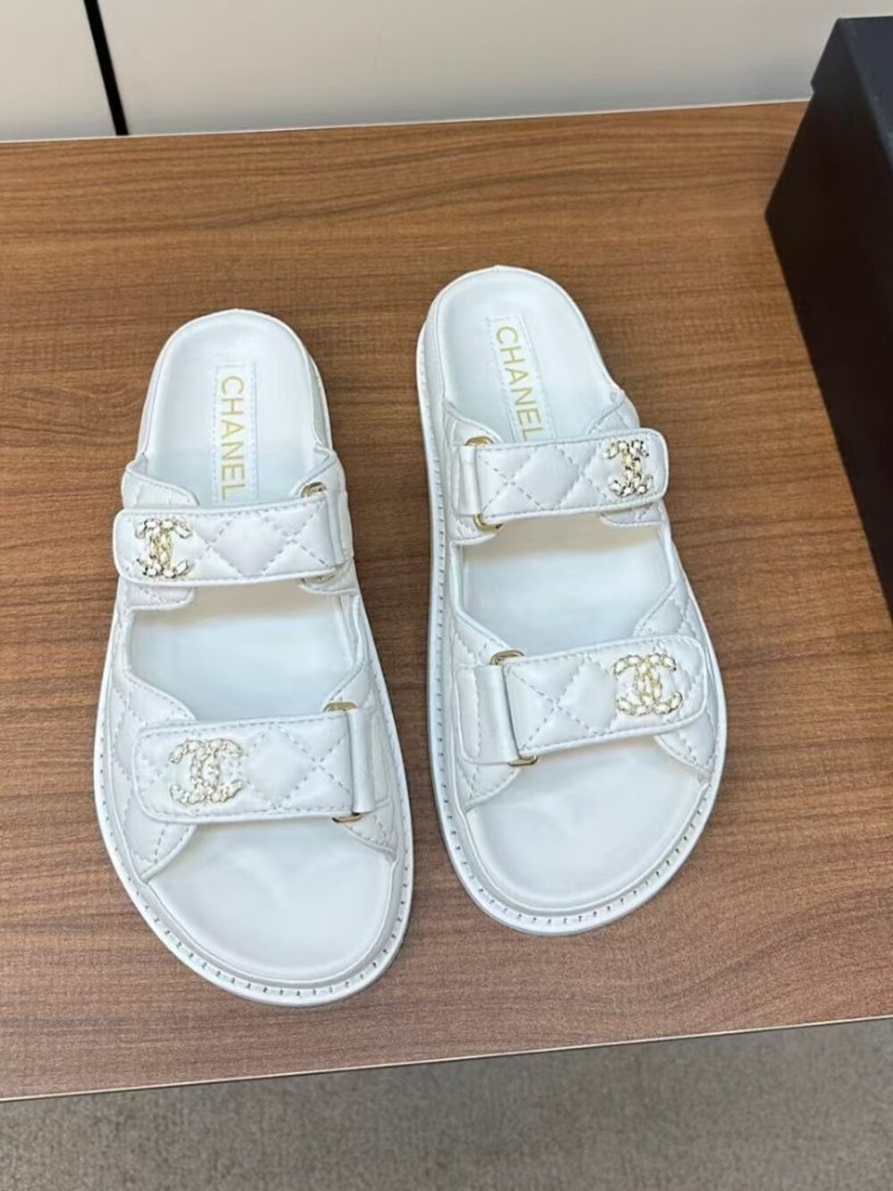 Chanel White Quilted Lambskin Double Velcro Strap Platform Slide Sandals